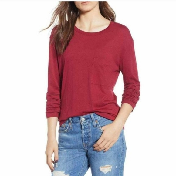 NWOT BP NORDSTROM Slouch Pocket Tee Long Sleeve Crew Red Cotton Modal XS - Picture 1 of 3